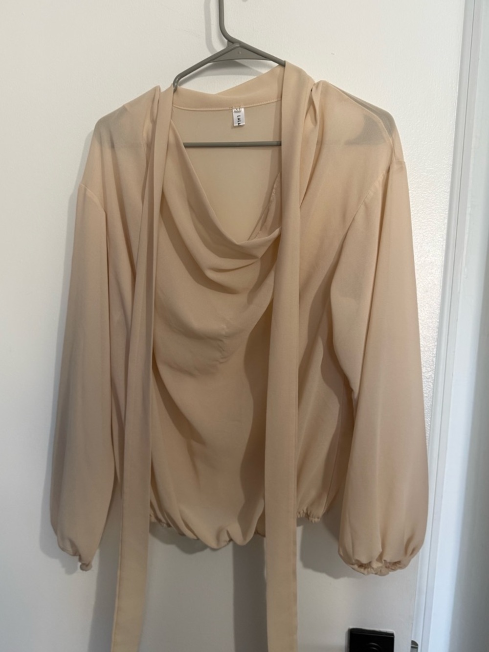 Sheer Draped Tie-Neck Blouse in Light Beige